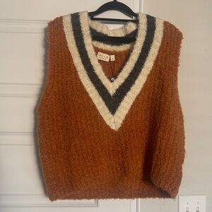 Cozy V-Neck Sweater Vest in Rust with Contrast Stripes